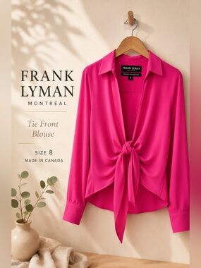 Frank Lyman Tie Front Blouse Hot Pink Long Sleeve Made in Canada Size 8
